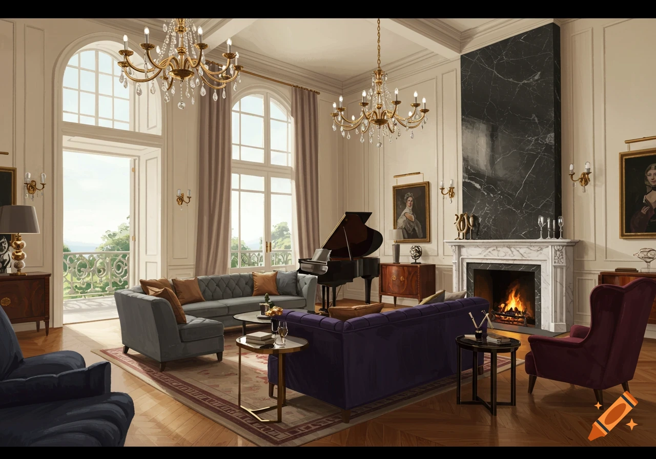 An elegant and luxurious living room featuring large arched windows, chandeliers, a grand piano, comfortable sofas, and a lit fireplace.