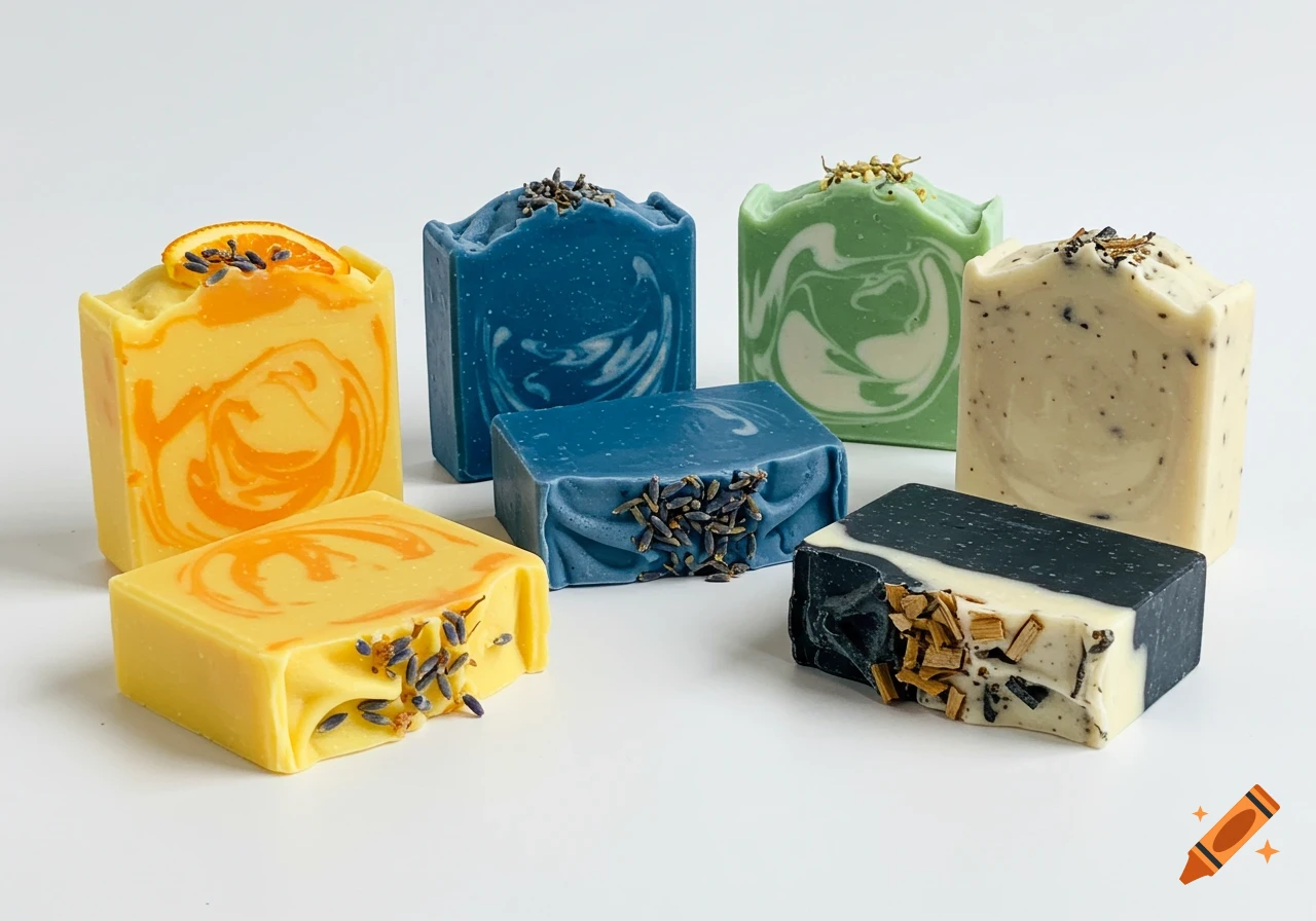 Photorealistic image of six colorful, handcrafted soap bars with various toppings on a white background.
