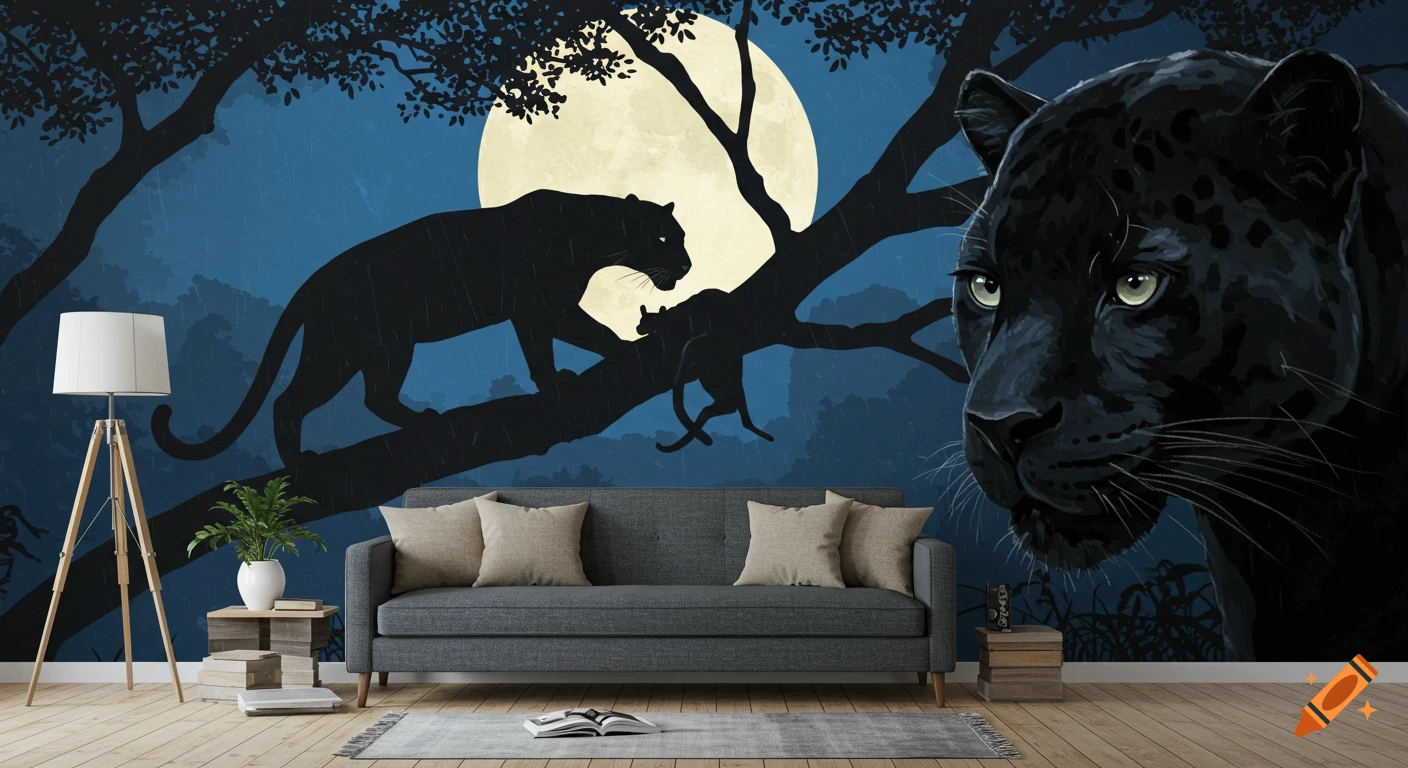 A modern living room featuring a large wall mural with black panther silhouettes on a tree branch under a full moon, alongside a close-up of a panther's face, against a blue night sky.