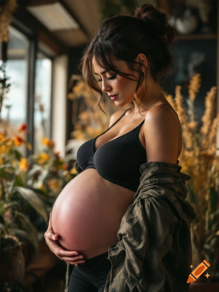 A pregnant woman in a black bra and open green jacket gently holds her belly, looking down in a sunlit room with plants.