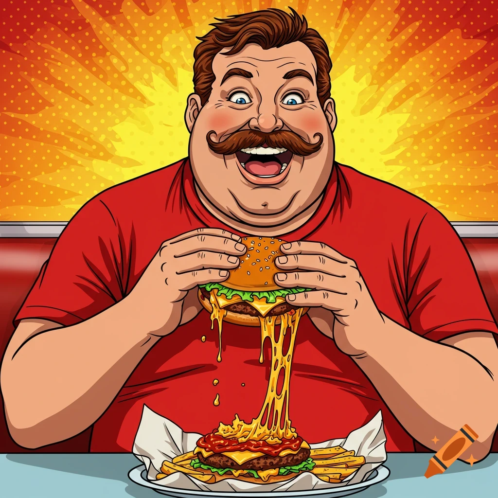A happy man with a mustache in a red shirt about to eat a cheesy burger, with another burger and fries on a plate, in a pop art style.