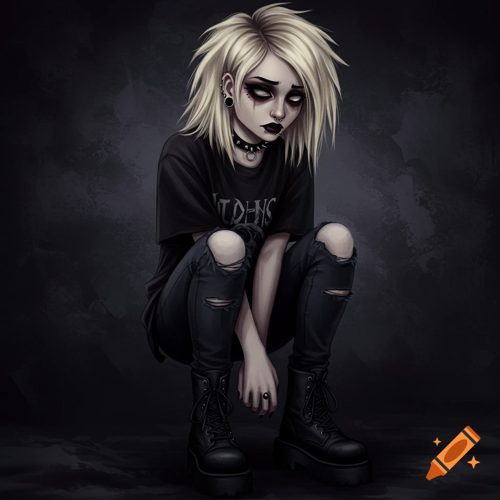 A stylized illustration of a blonde emo/gothic girl squatting, wearing a black t-shirt, ripped jeans, and combat boots, with dark makeup.