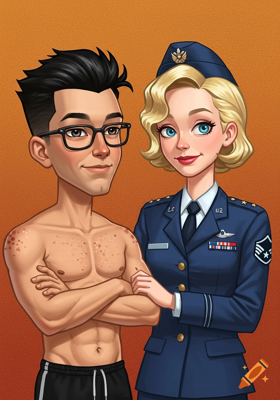 Cartoon illustration of a shirtless man with glasses and a woman in a blue Air Force uniform standing together.