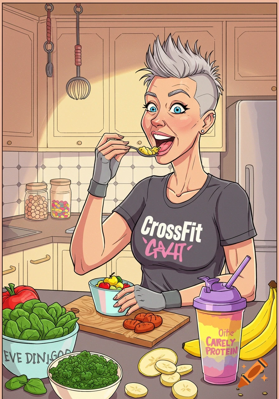 A cartoon woman with short gray hair eats from a spoon in a kitchen filled with healthy food like spinach, bananas, and a protein shaker.