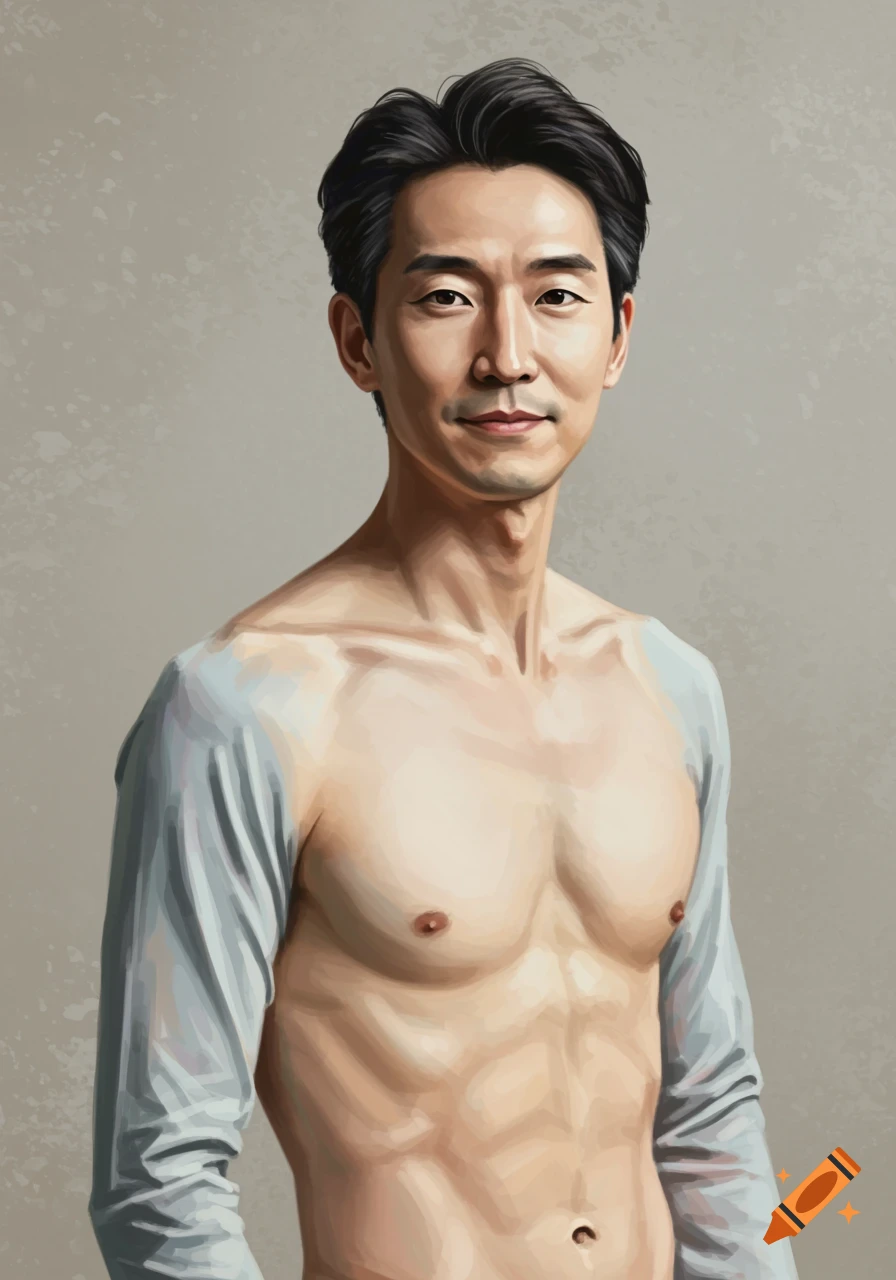A stylized portrait of a shirtless Asian man with dark hair, showing his muscular torso against a plain background.