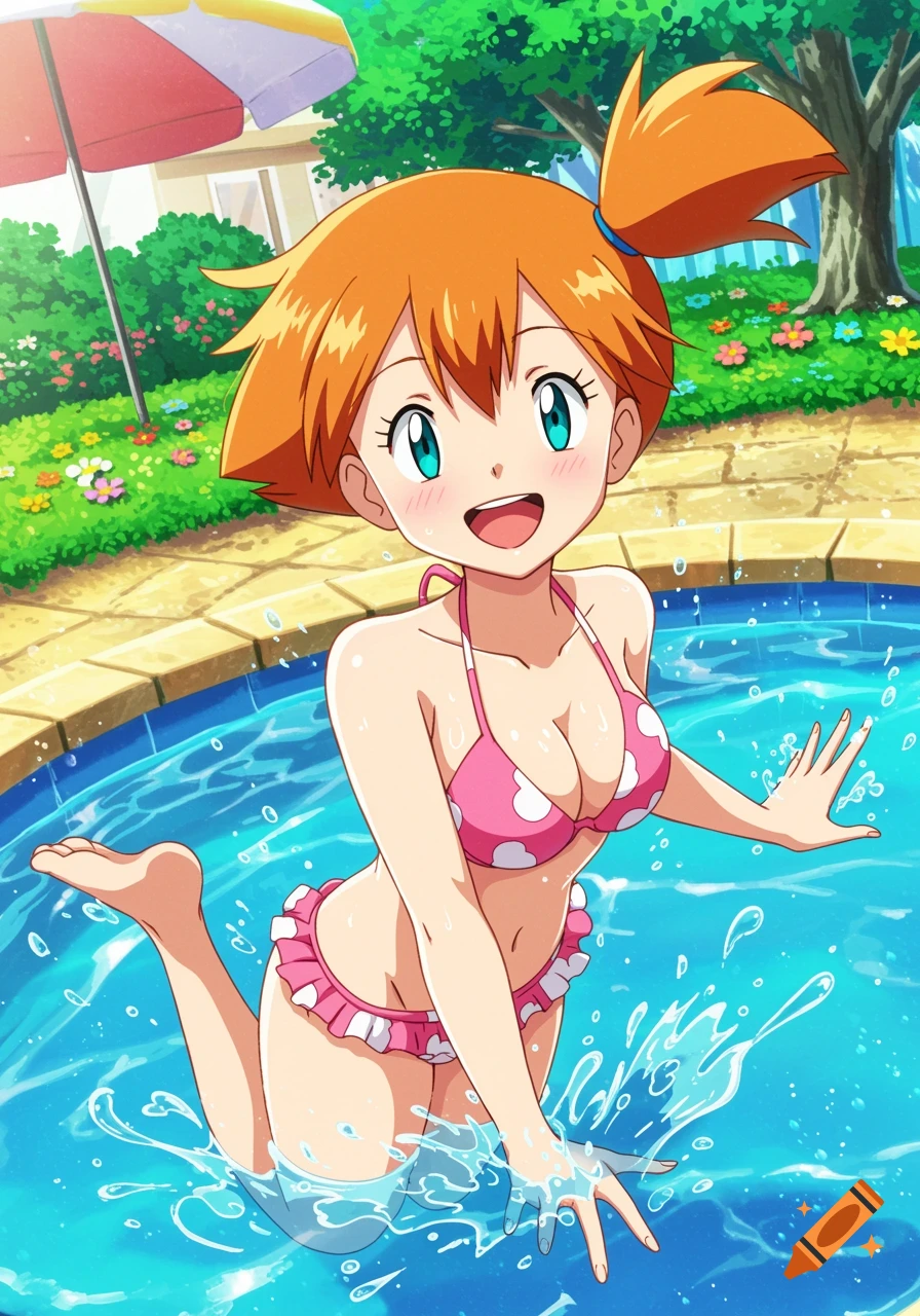 Misty from Pokemon smiling and splashing water in a pink polka dot bikini  in a swimming pool. on Craiyon