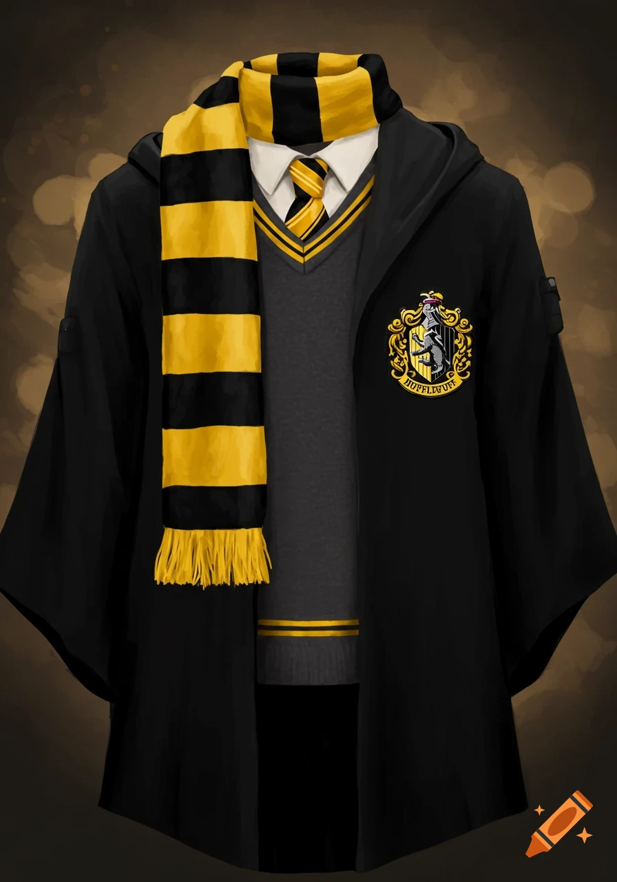 A detailed illustration of a Hufflepuff Hogwarts uniform with a black robe, yellow and black striped scarf, and crest.