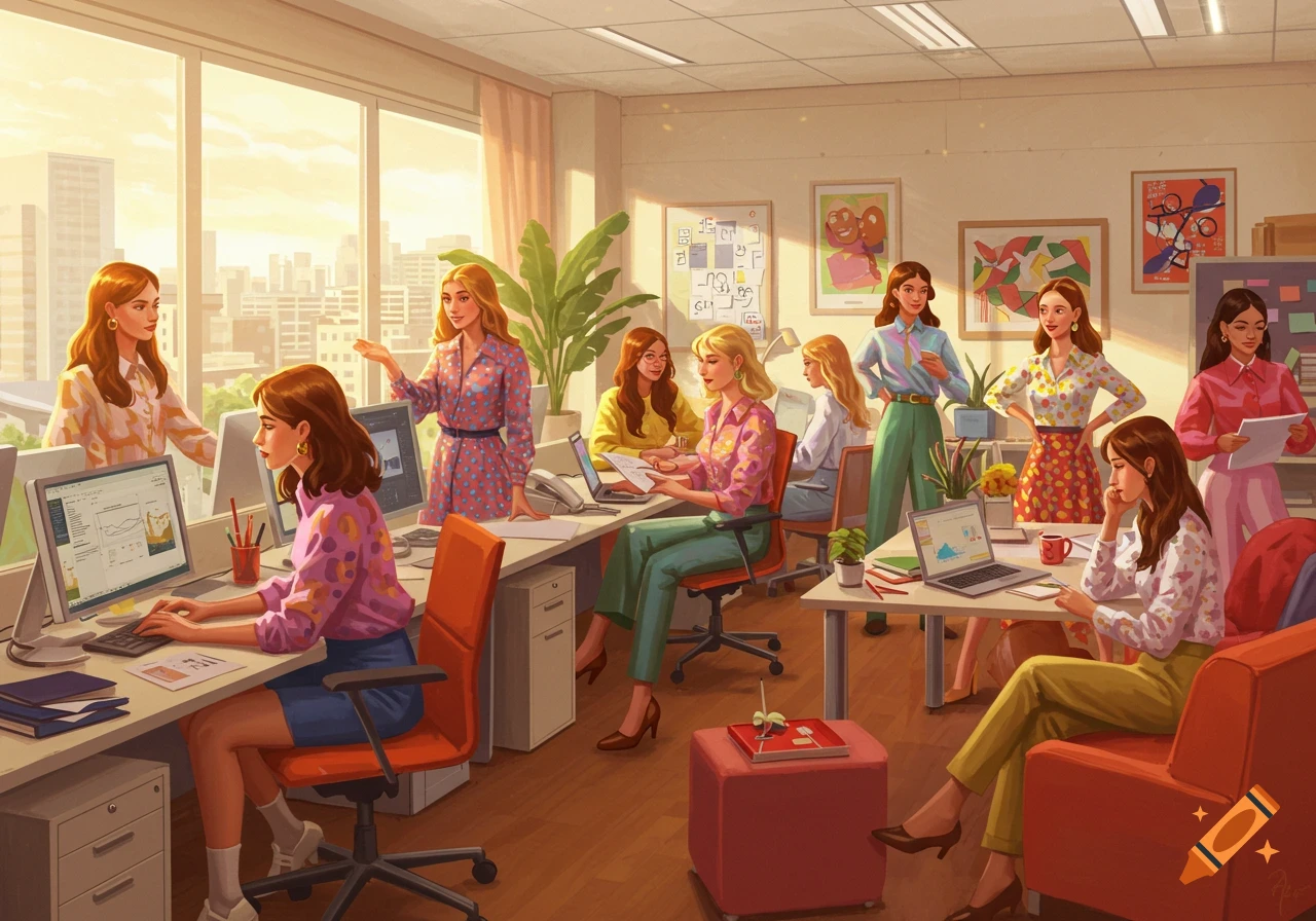An illustration of an office filled with women working on computers and interacting, bathed in warm sunlight.