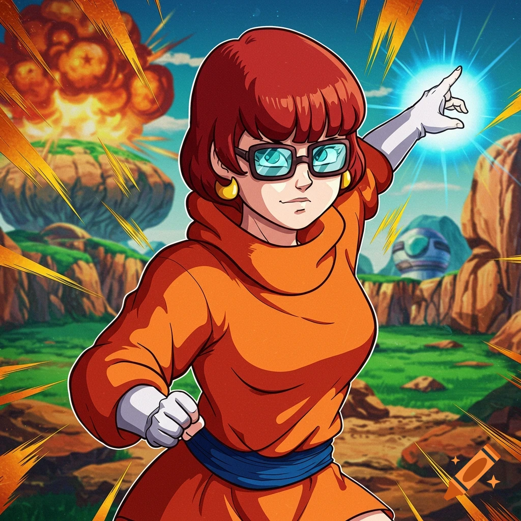 Velma in a Dragon Ball Z anime style, pointing with an energy blast, with an explosion in the background.