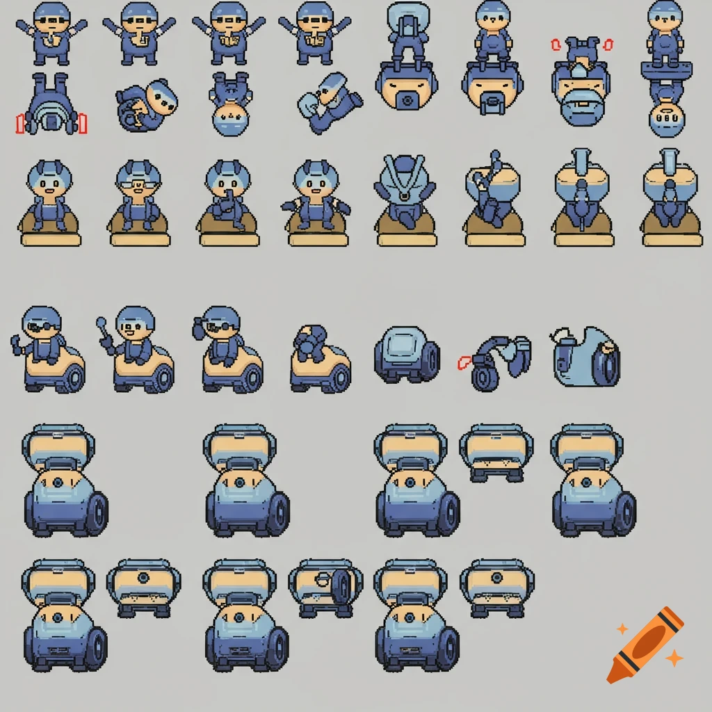 A sprite sheet displaying various poses and components of robot vacuums in a retro 16-bit pixel art style.