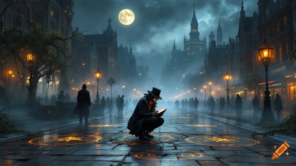 A dark, misty cityscape at night, under a full moon, with a figure in a trench coat crouching on glowing magical sigils.