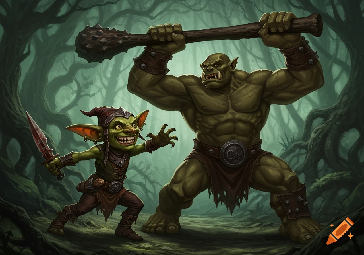 A fierce green goblin with a dagger and a large, muscular green ogre with a spiked club stand in a dark fantasy forest.
