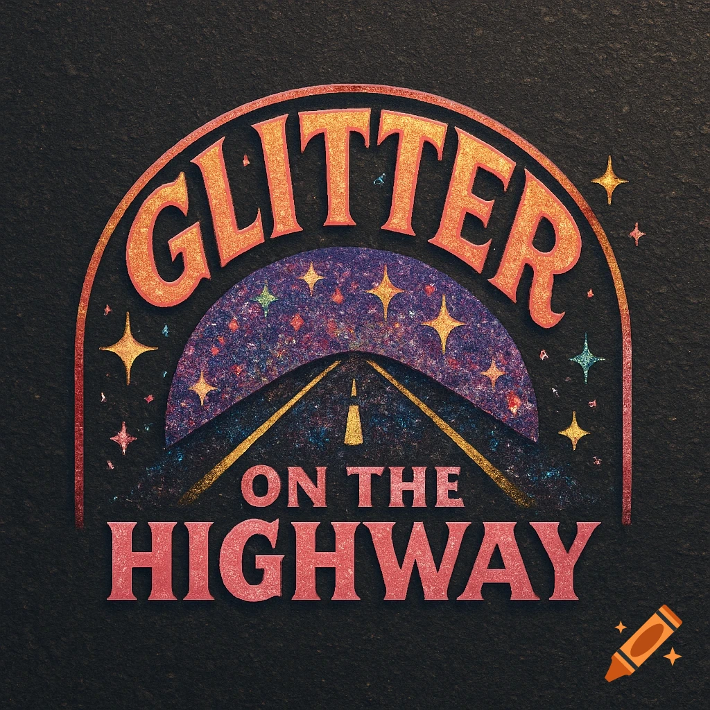 Retro style logo with 'GLITTER ON THE HIGHWAY' text over a starry road design.