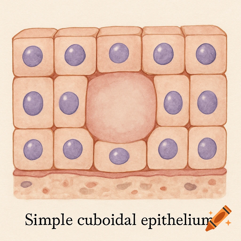Watercolor illustration of simple cuboidal epithelium cells and nuclei on a basement membrane.