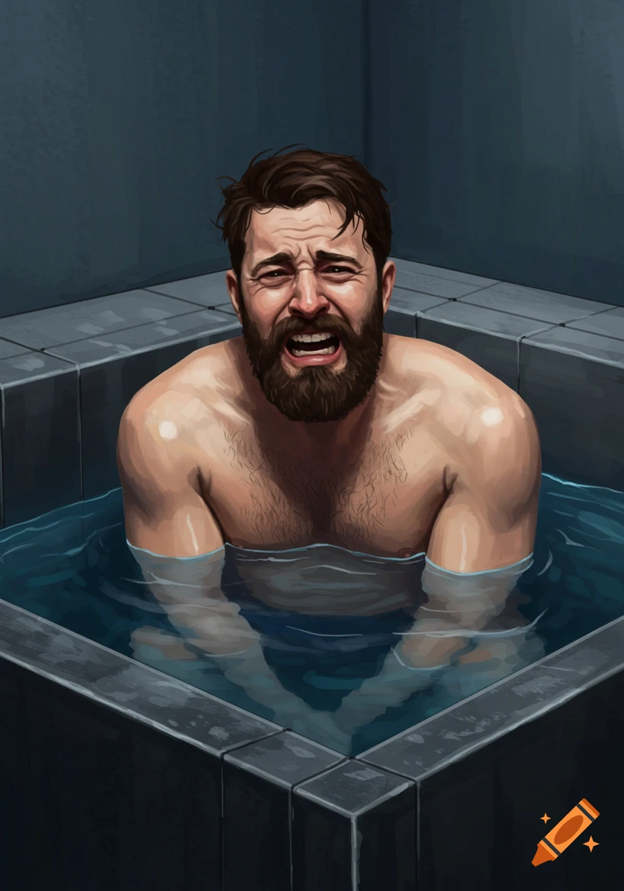 A bearded man grimaces in pain while sitting in a cold plunge tub, in a digital painting.