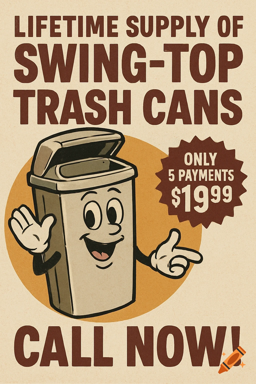A retro-style advertisement for 'Lifetime Supply of Swing-Top Trash Cans' featuring a smiling, anthropomorphic trash can pointing to a '$19.99' price bubble.