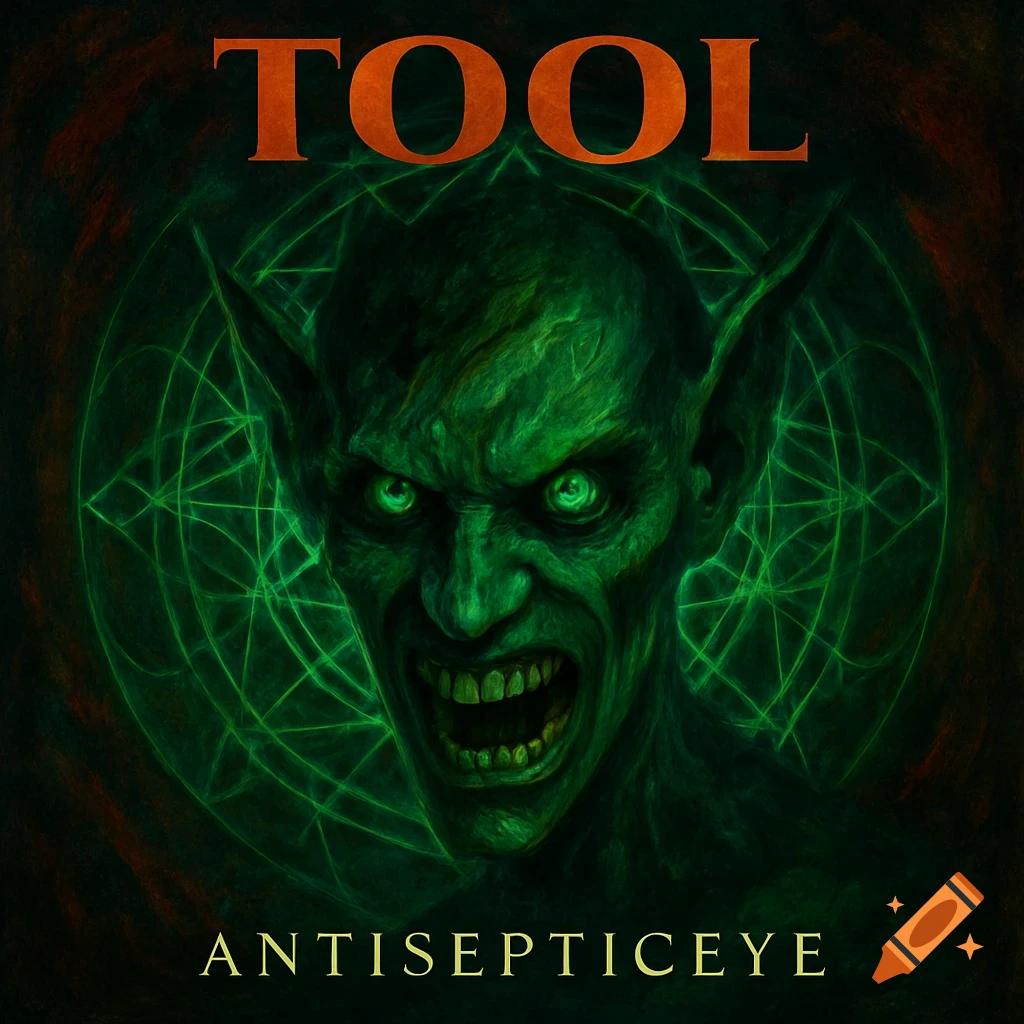 Dark fantasy album cover art featuring a snarling green goblin-like creature with glowing eyes and sharp teeth. Text reads 'TOOL' and 'ANTISEPTICEYE'.
