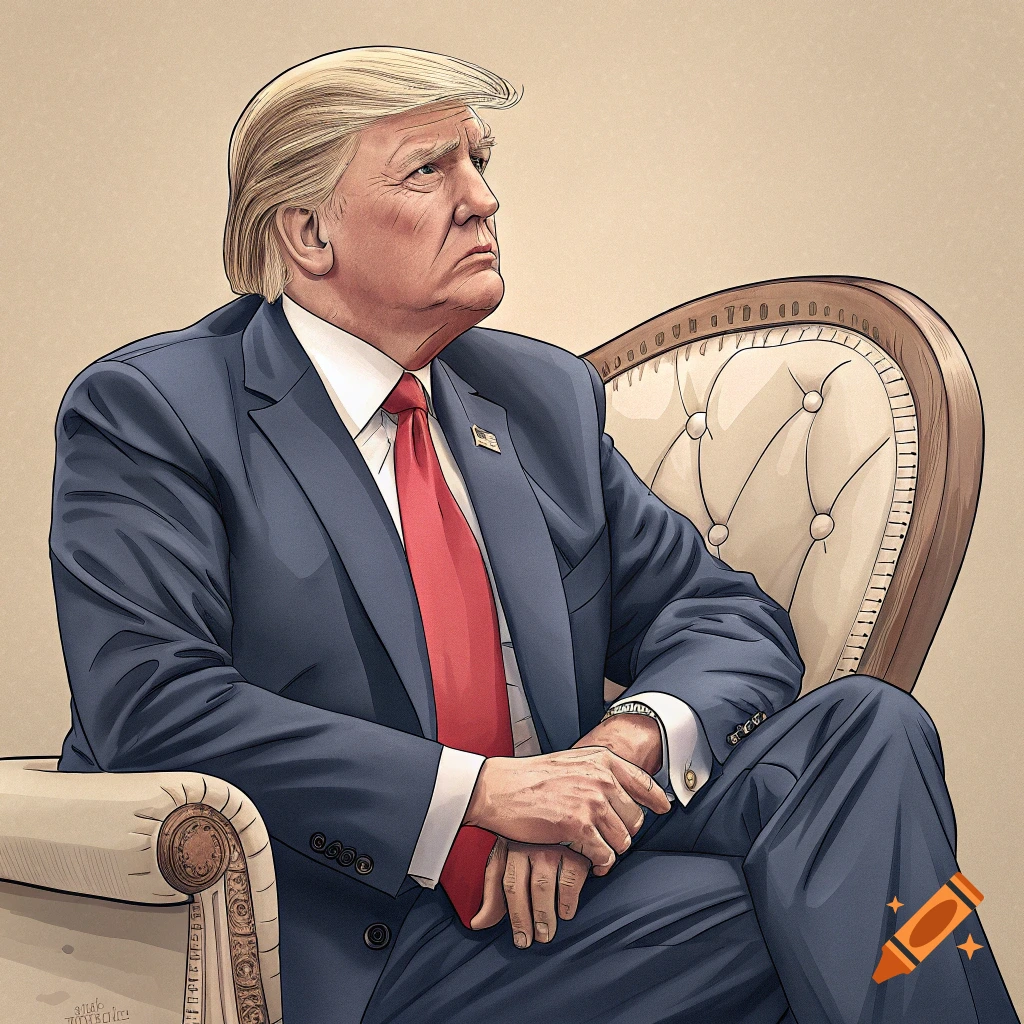 Cartoon illustration of Donald Trump sitting in an armchair, looking to the side.