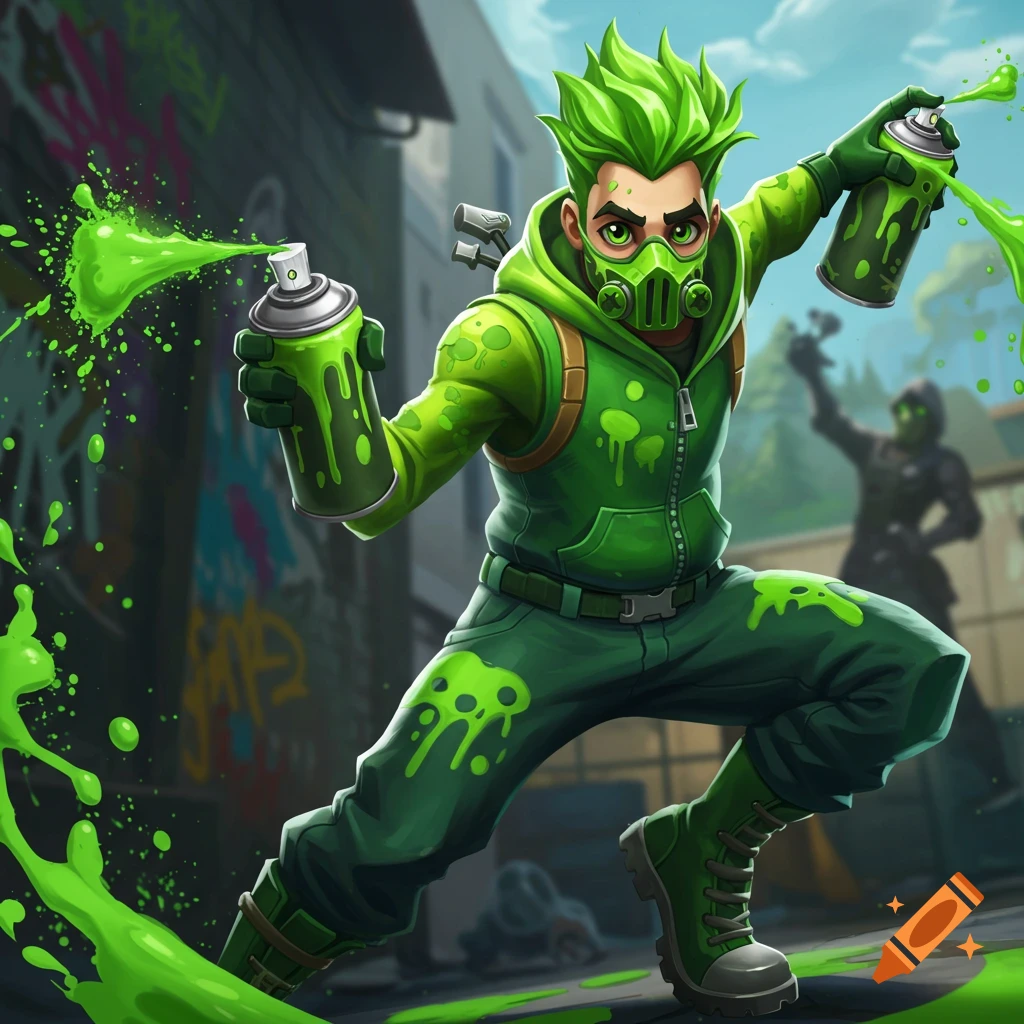 A stylized character with spiky green hair and a gas mask, dressed in a green hoodie, spraying neon green liquid from two cans in an urban setting.