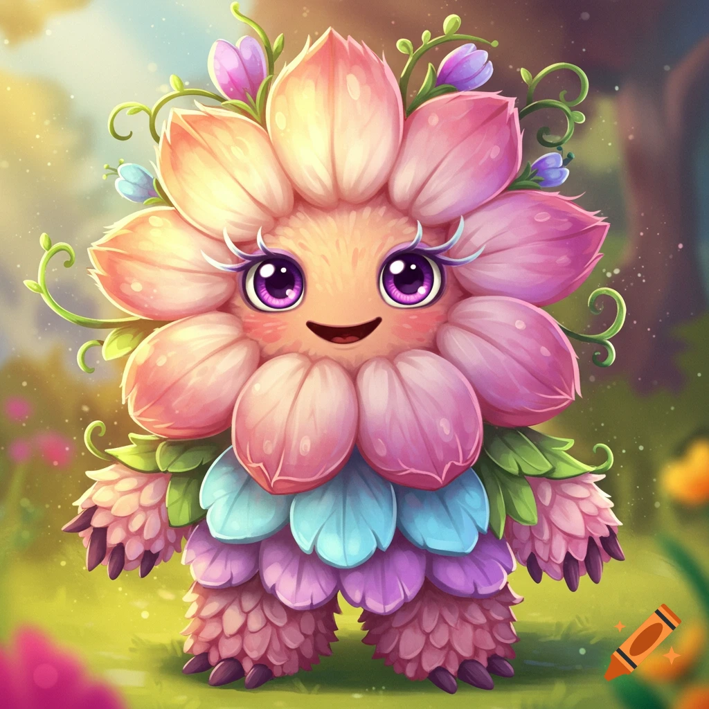 A cute, colorful monster made of flower petals with large purple eyes and a smiling face stands in a vibrant green garden.