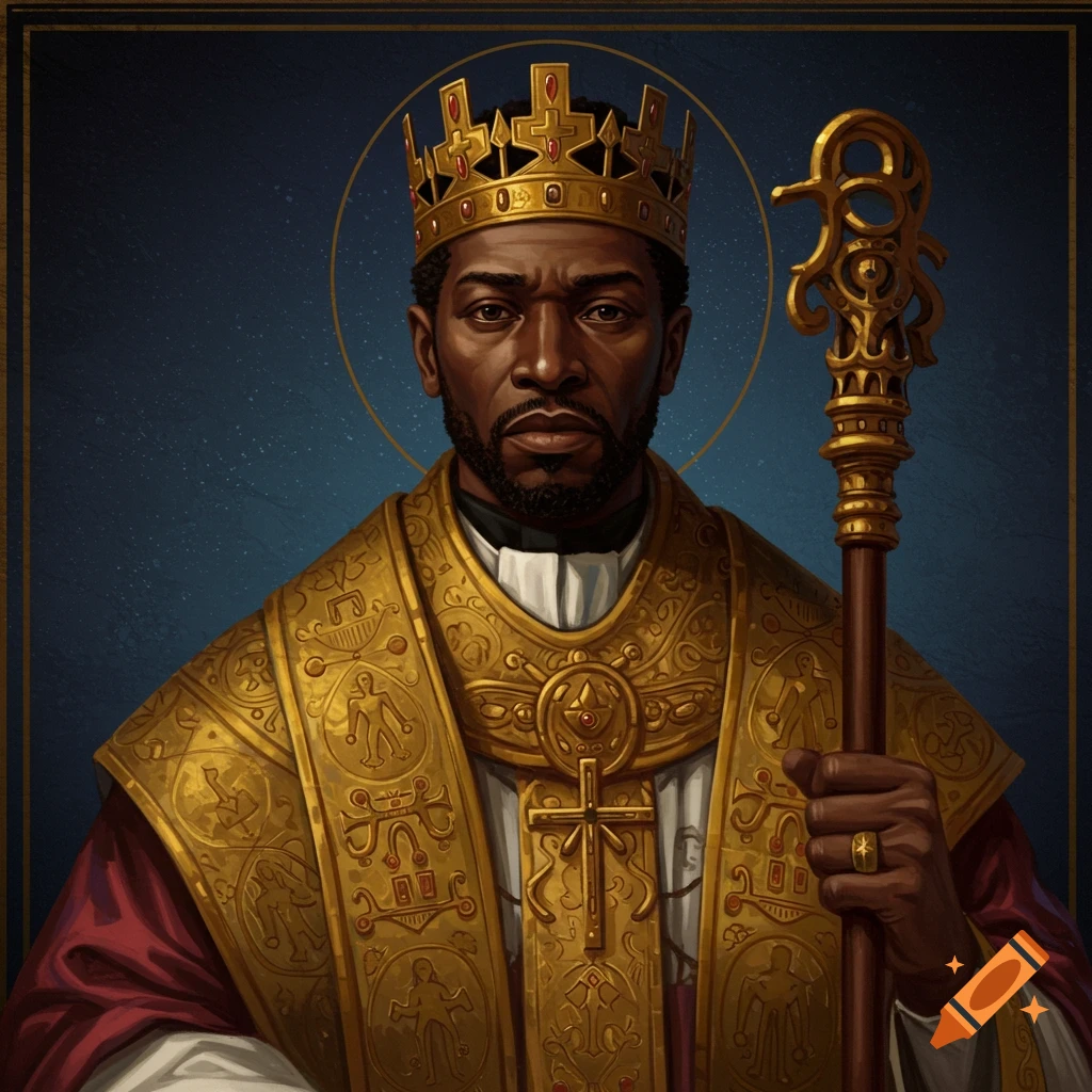 A majestic portrait of a dark-skinned man in a golden crown and ornate robes, holding a staff, with a halo.