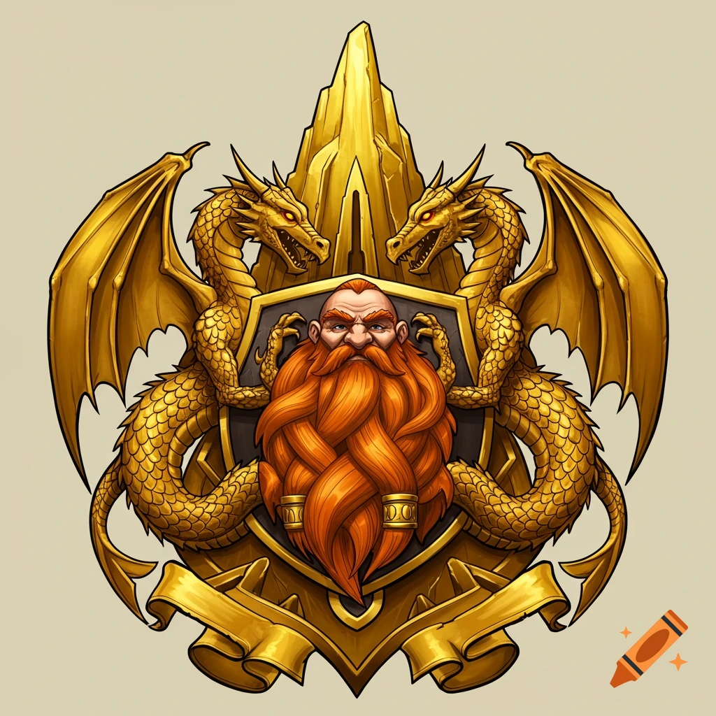 A fantasy crest featuring a dwarf's head with an orange beard, flanked by two golden dragons, with a golden mountain peak behind them.