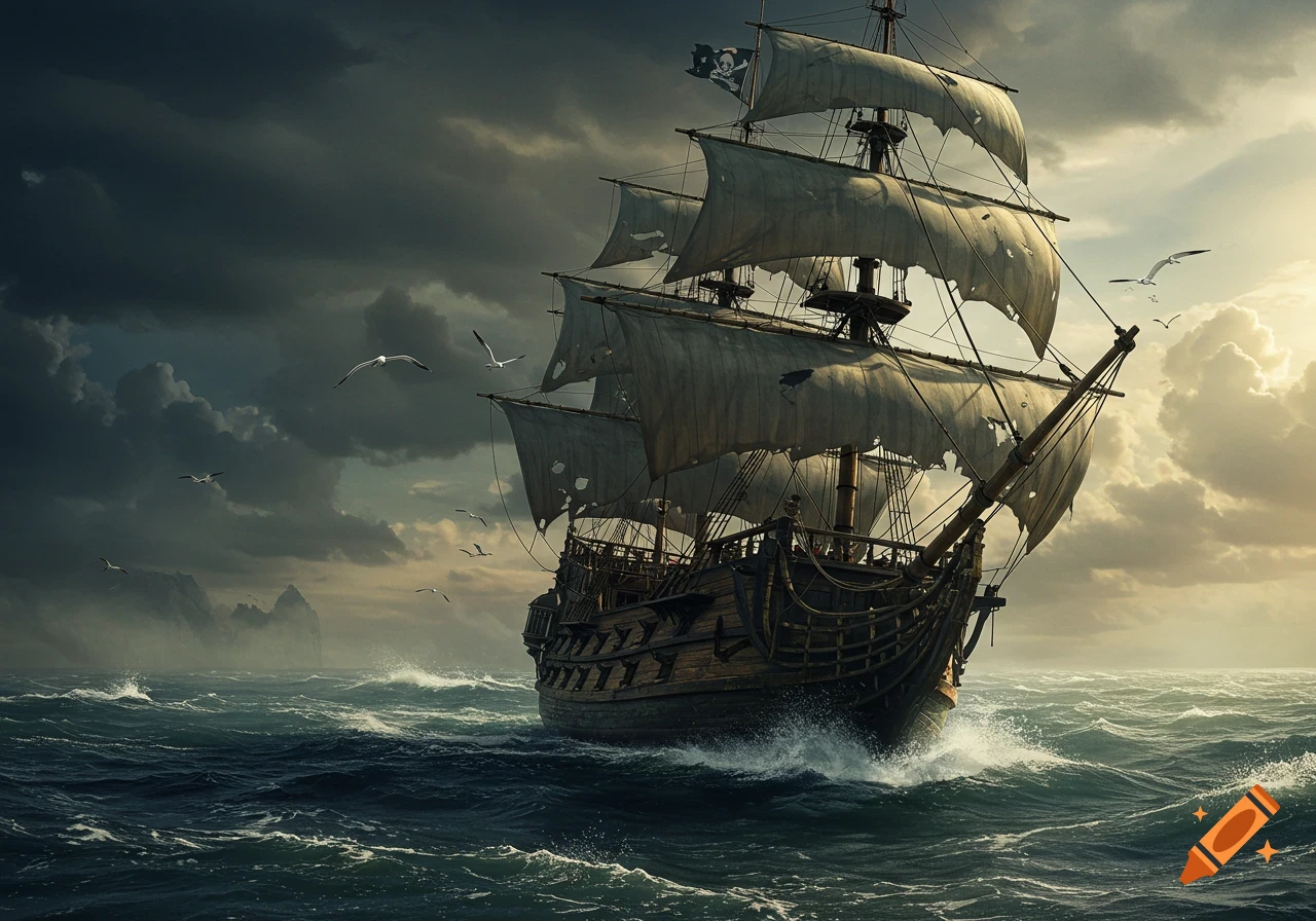 A weathered pirate ship sails through rough, dark seas under a dramatic, stormy sky with seagulls flying around.