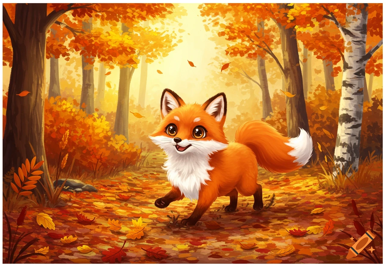 A cute, cartoon-style fox with large eyes happily running through a vibrant autumn forest with orange and yellow leaves on the trees and ground.