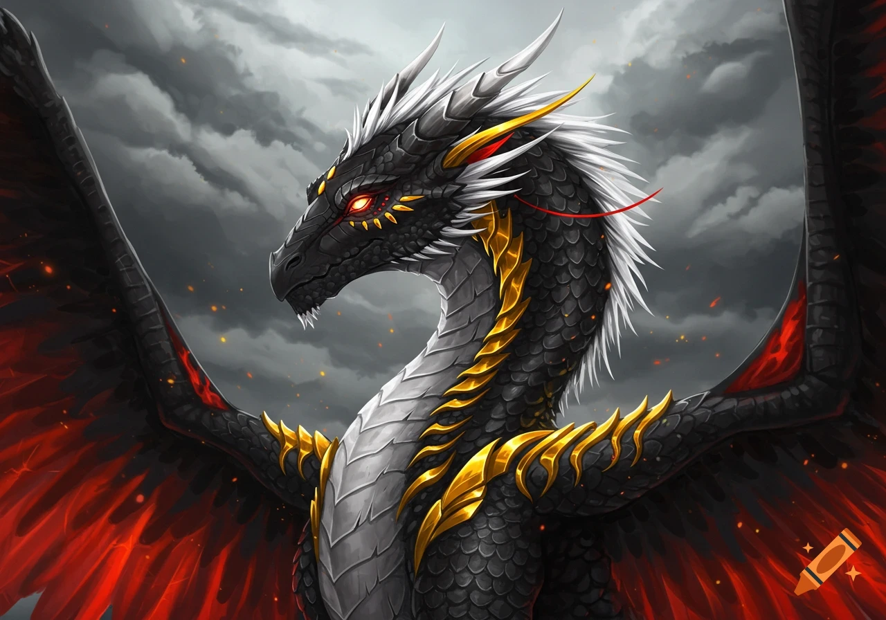 A majestic black and white dragon with red wings and gold details stands against a stormy sky.