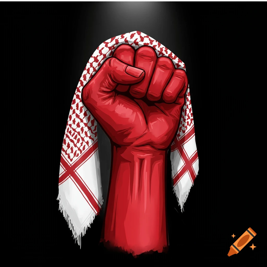 A stylized illustration of a red clenched fist holding a red and white keffiyeh against a black background.