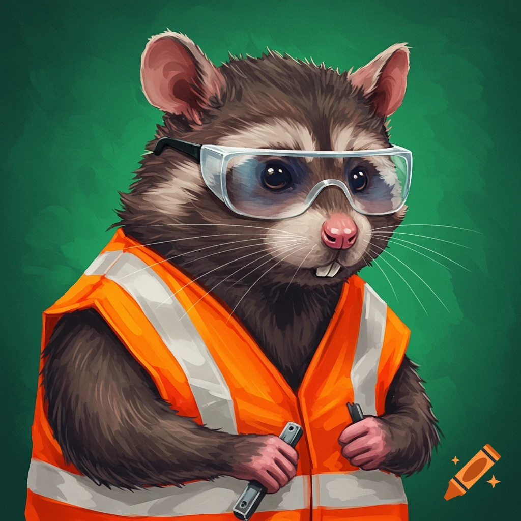 A brown and grey ratcoon wearing an orange safety vest and clear safety glasses, holding dark tools against a green background, in a stylized illustration.