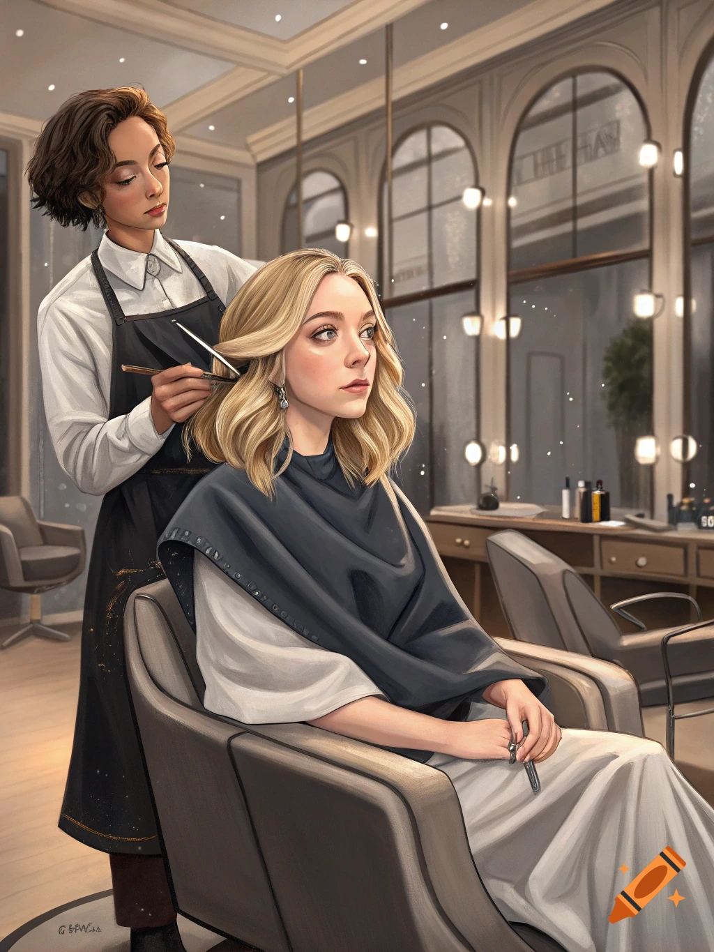 A stylist with dark hair cuts the blonde hair of a woman seated in a salon chair, in an elegant salon interior. Digital art.