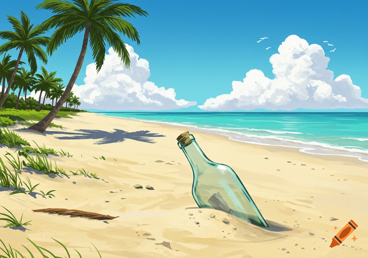 A cartoon illustration of a tropical beach with palm trees, a message in a bottle in the sand, and clear blue water.