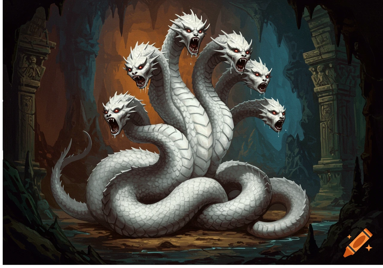 A multi-headed white hydra with red eyes in a dark, ancient cave.