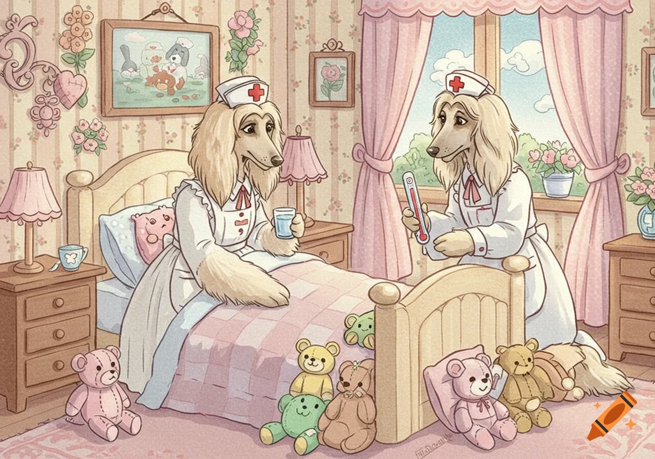 Two cartoon Afghan Hound nurses in a pink bedroom, one in bed with water, another standing with a thermometer.