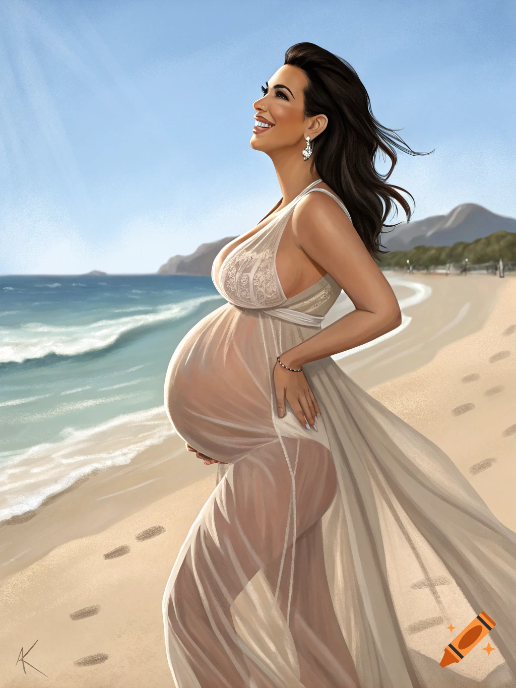 Illustration of a smiling pregnant Kim Kardashian in a sheer white dress on a sunny beach with the ocean behind her.