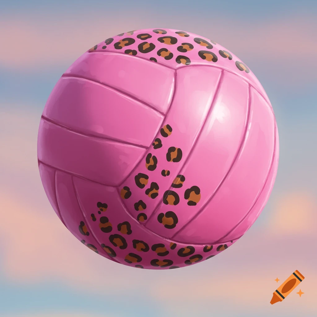 A pink volleyball with leopard print markings floating against a pastel sky.