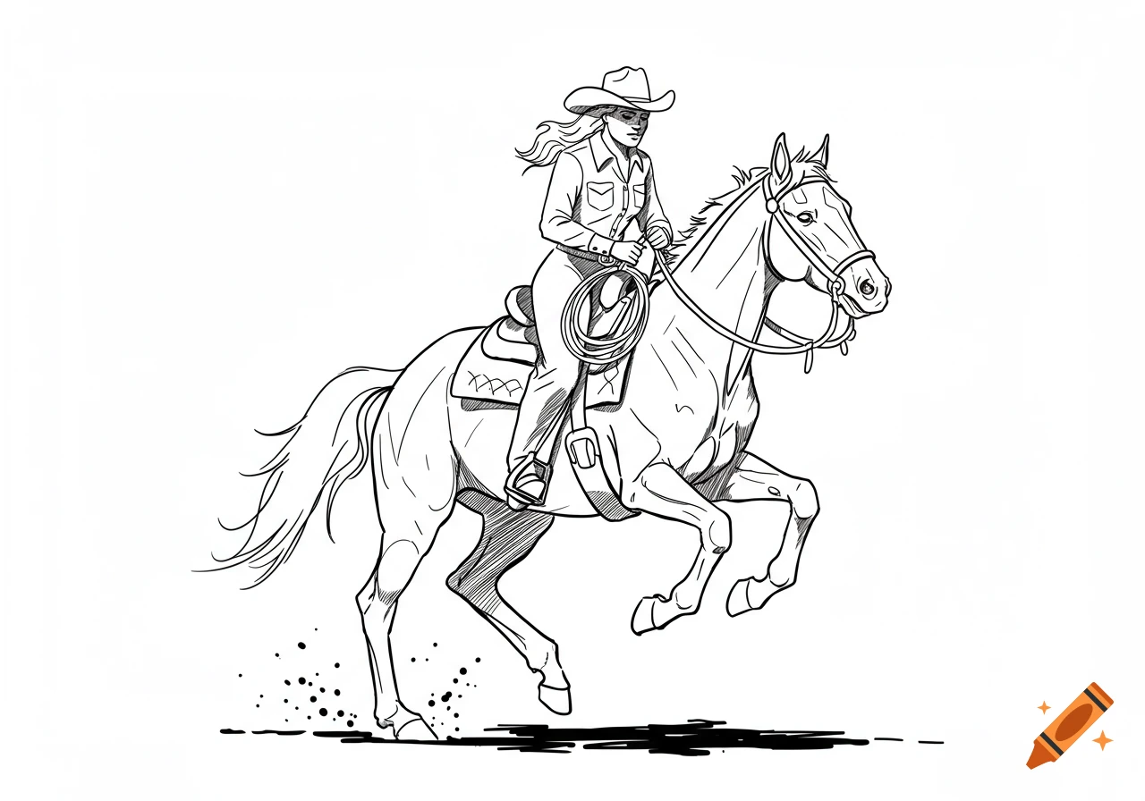 Black line art drawing of a cowgirl riding a galloping horse.