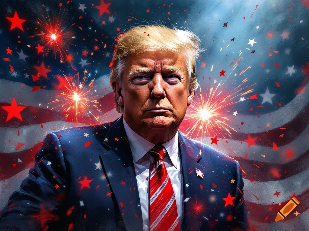Donald Trump in a suit with a striped tie, against an American flag background with fireworks and falling stars.