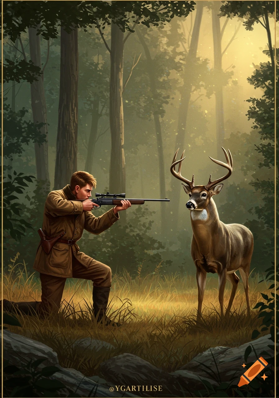 A hunter kneels, aiming a rifle at a deer in a sunlit forest, illustration style.