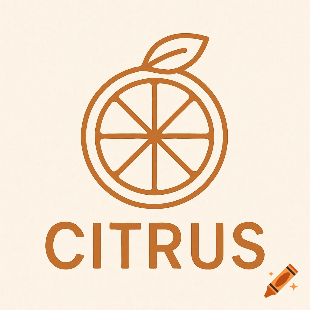 A minimalist brown outline logo of a sliced orange with a leaf, with the word 'CITRUS' below it on a cream background.