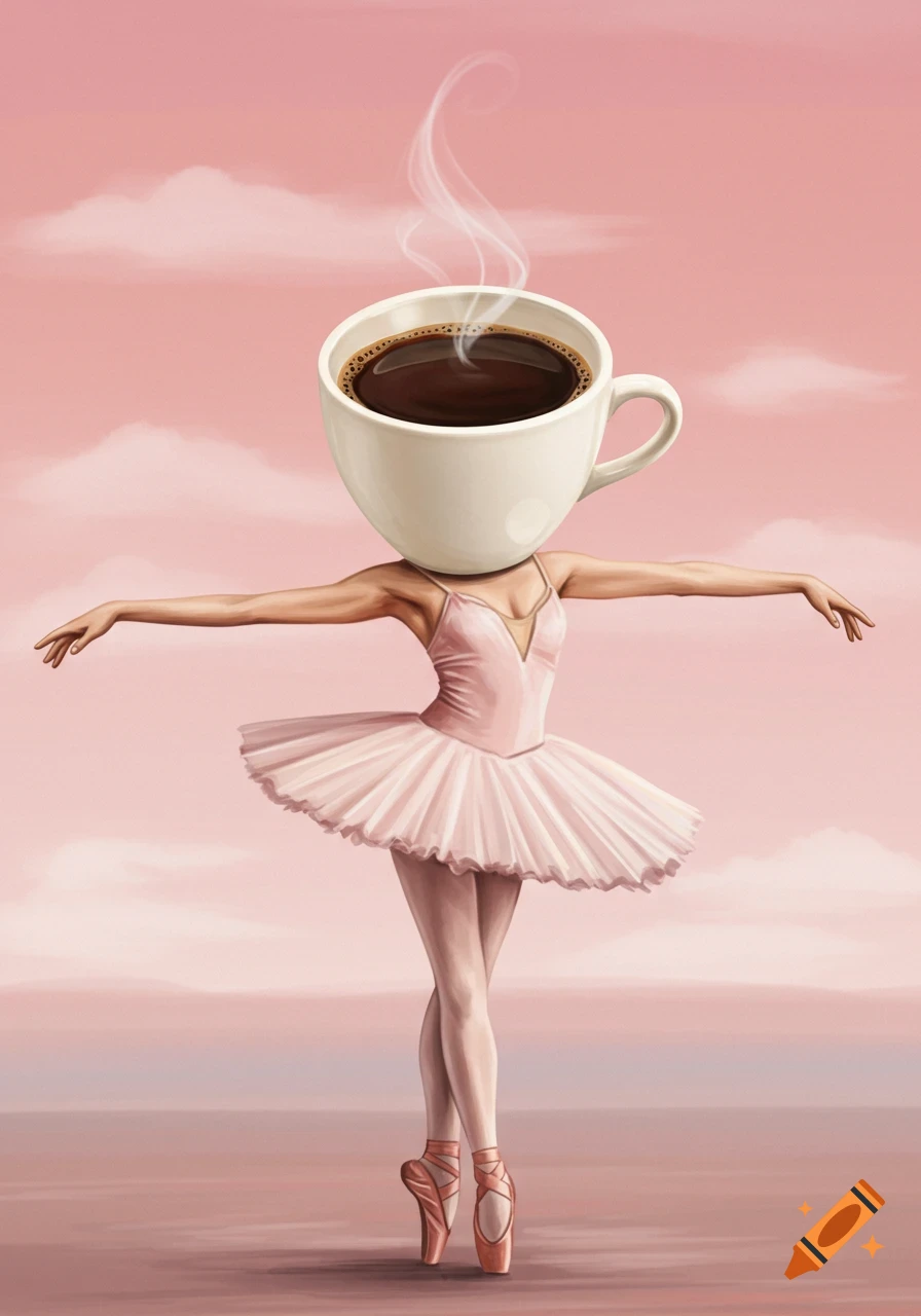 An illustration of a ballerina in a pink tutu standing on point with a steaming coffee cup as her head.