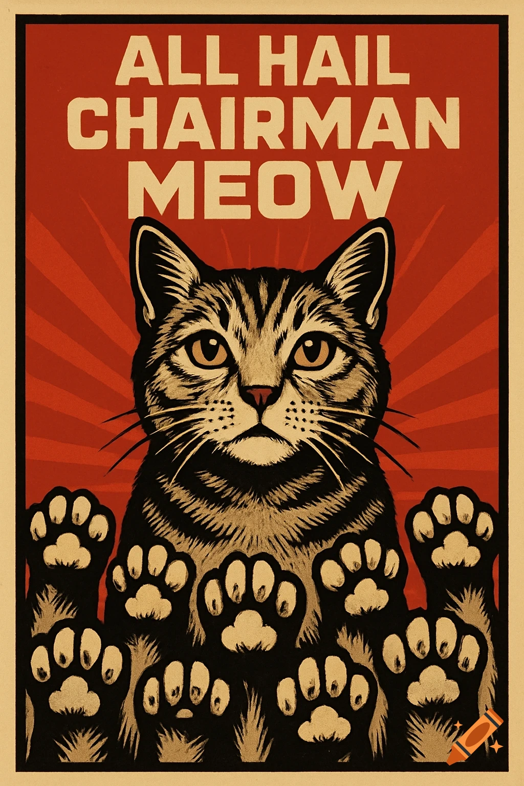 Vintage propaganda poster of a tabby cat with paws rising, against a red background with rays, text reads 'ALL HAIL CHAIRMAN MEOW'.
