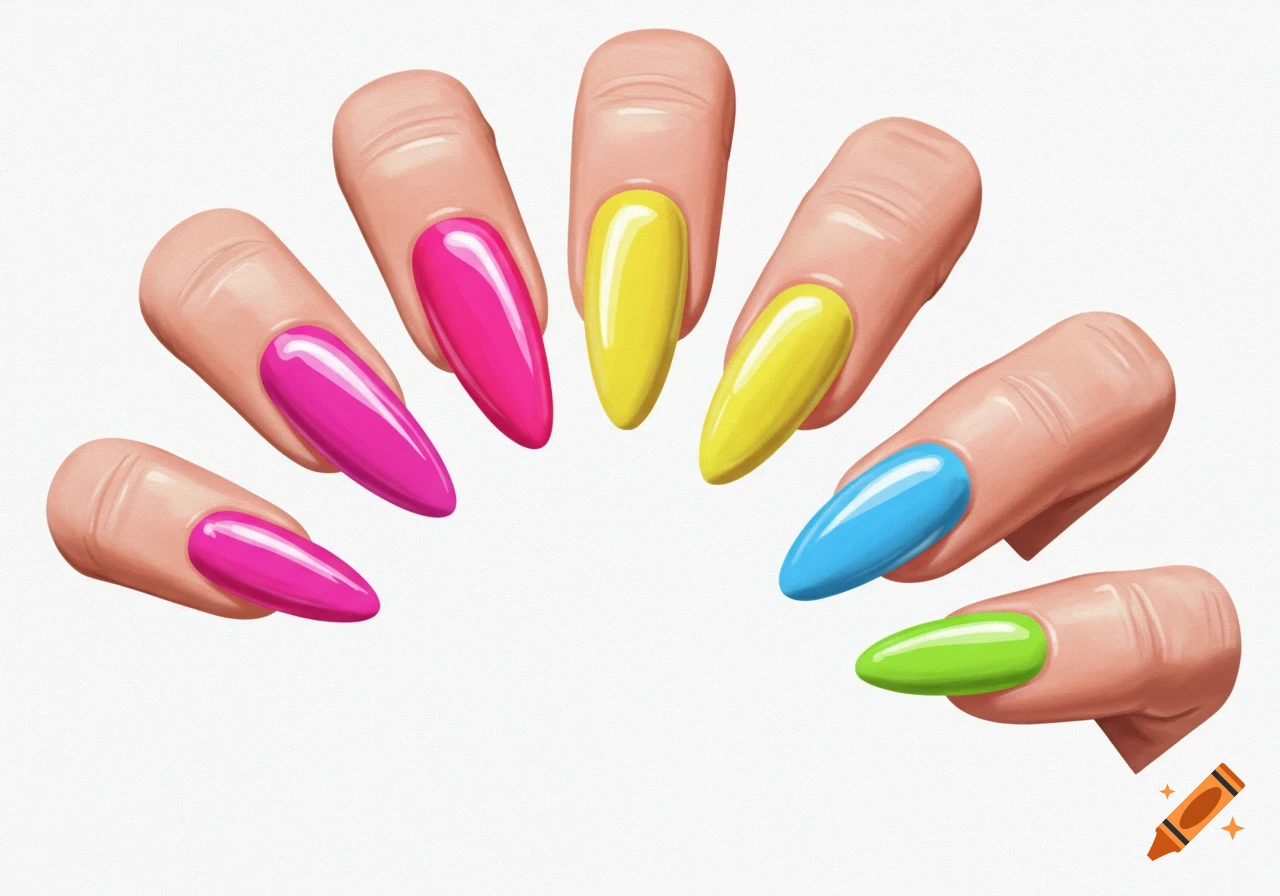 Multiple fingers with bright pink, yellow, blue, and green almond-shaped acrylic nails on a white background.