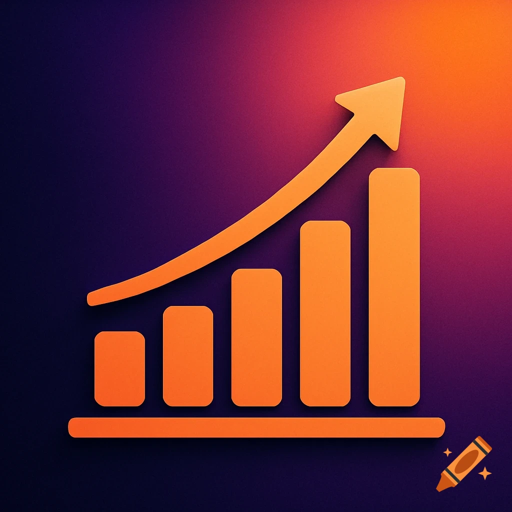 An orange bar chart with an upward-curving arrow on a dark purple to orange gradient background, symbolizing growth.