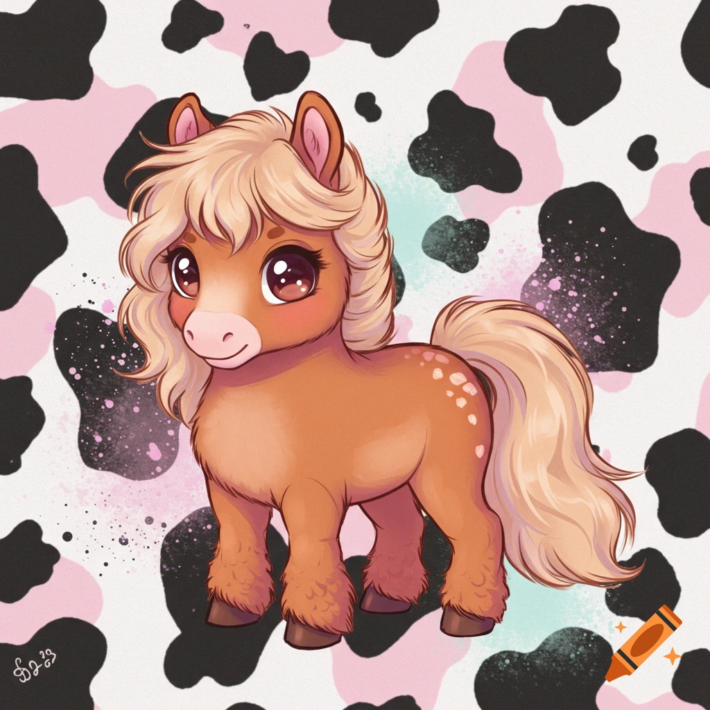 A cute cartoon pony with blonde mane and tail, standing against a pink and black cow print background.