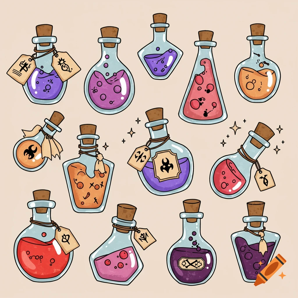 An assortment of colorful, cartoon-style potion bottles with various shapes and cork stoppers, featuring different liquid colors and decorative tags.