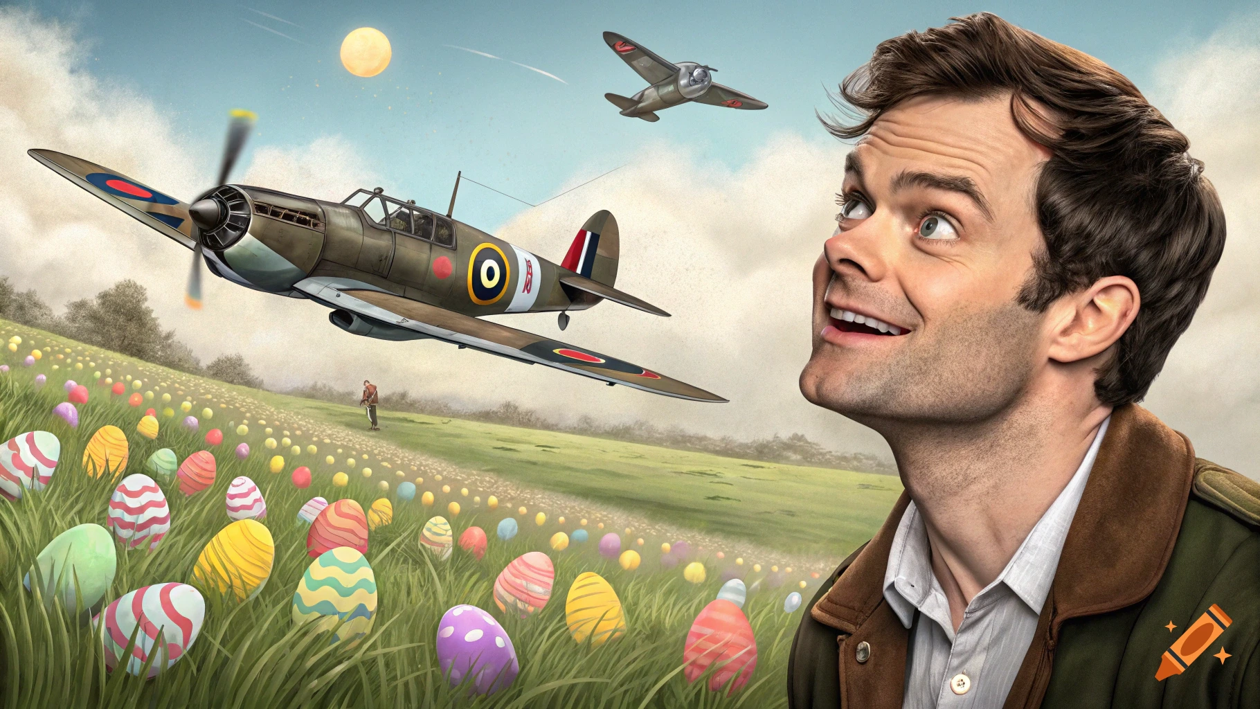 Cartoon-style Bill Hader looks up at two war planes flying over a field filled with colorful Easter eggs and small white flowers.