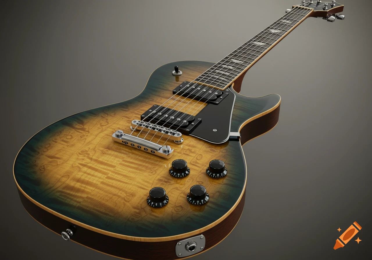 A photorealistic electric guitar with a black teal flame maple top, chrome hardware, and a dark background.