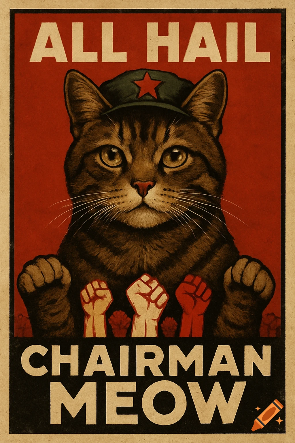 Vintage propaganda poster of a brown tabby cat in a green cap with a red star, paws raised, above fists, with 'ALL HAIL CHAIRMAN MEOW' text.